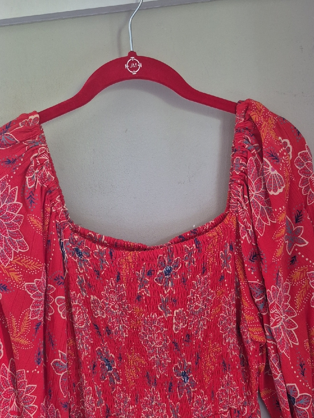 Angie Red-Orange Floral Maxi Dress with Smocked Bodice - Picture 5 of 5